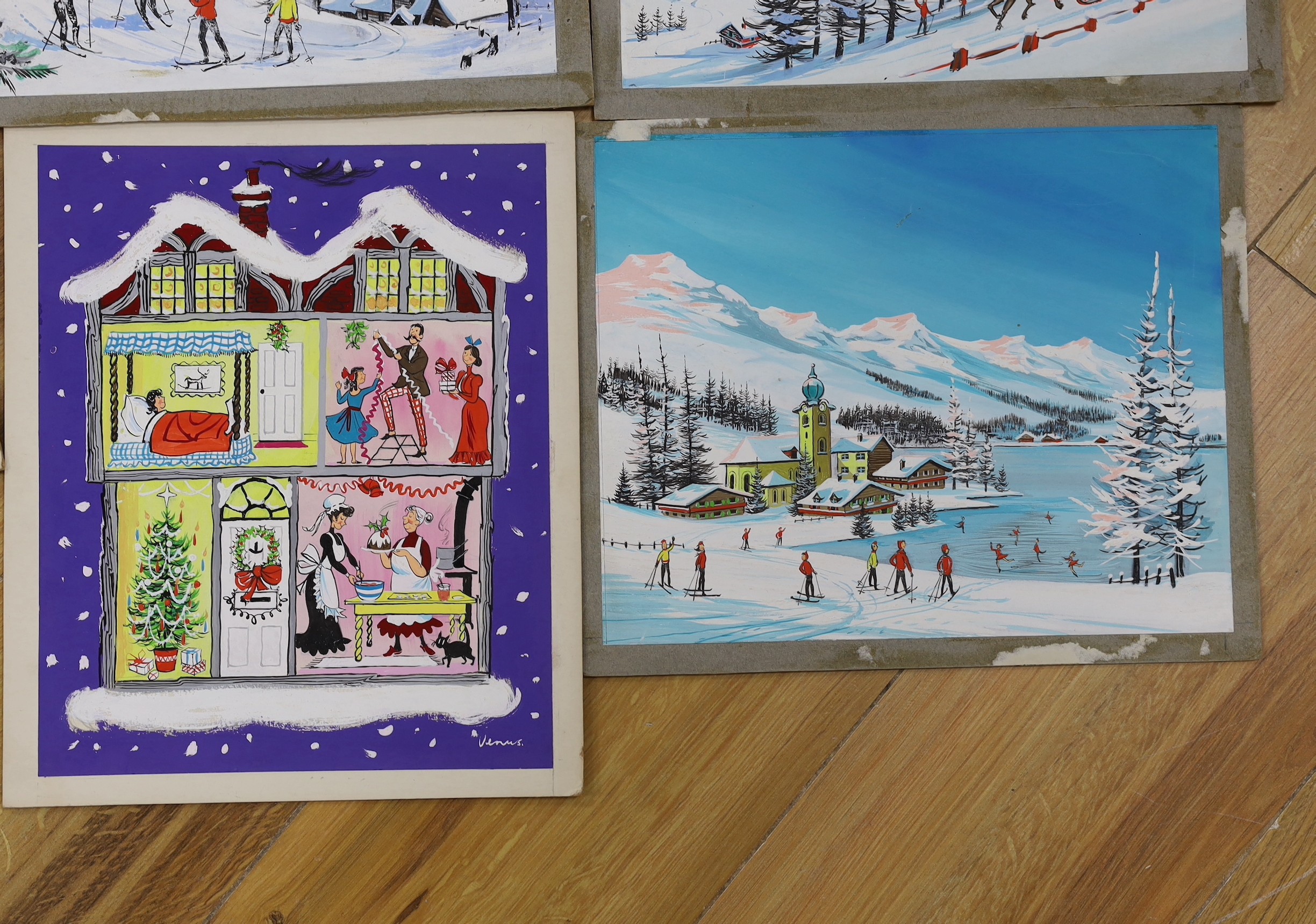 Veronica Venus, five gouaches, Vintage 1950's Christmas card artwork, 22 x 27cm, unframed
